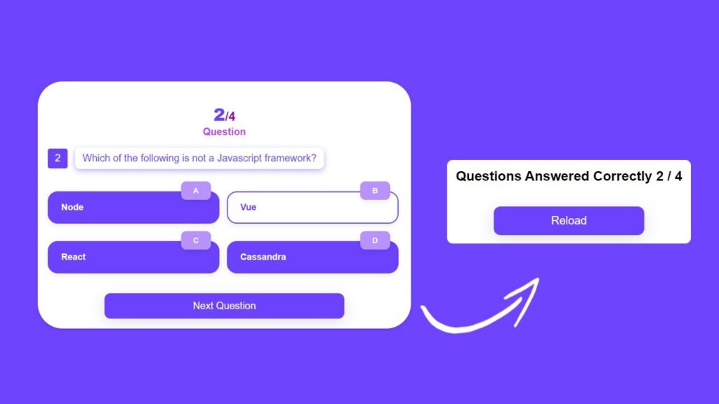 Quiz app interface built with HTML, CSS, and JavaScript showing multiple‑choice question UI