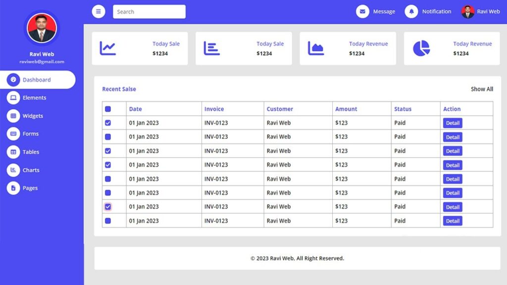 Responsive Admin Dashboard Design Using HTML and CSS with Sidebar and Widgets