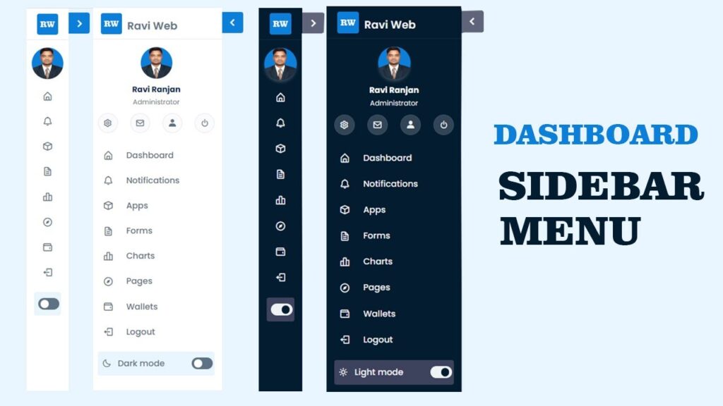 Responsive Dashboard Sidebar Menu in HTML CSS JavaScript with Dark and Light Mode