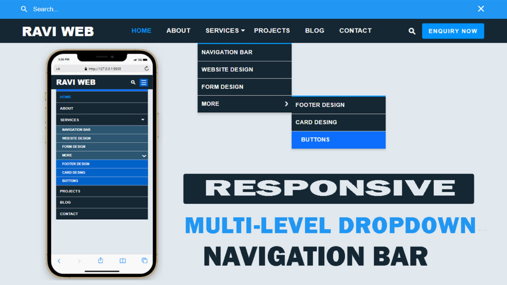 Responsive multi-level dropdown navigation bar tutorial using HTML, CSS, and JavaScript