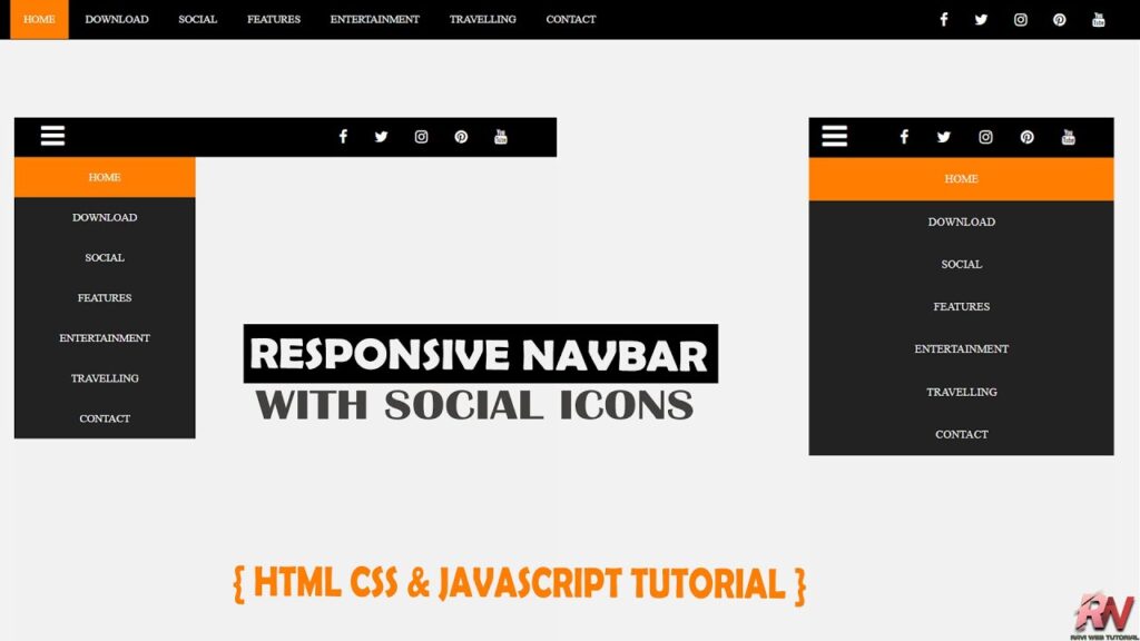 Responsive navigation bar with social media icons created using HTML, CSS and JavaScript tutorial