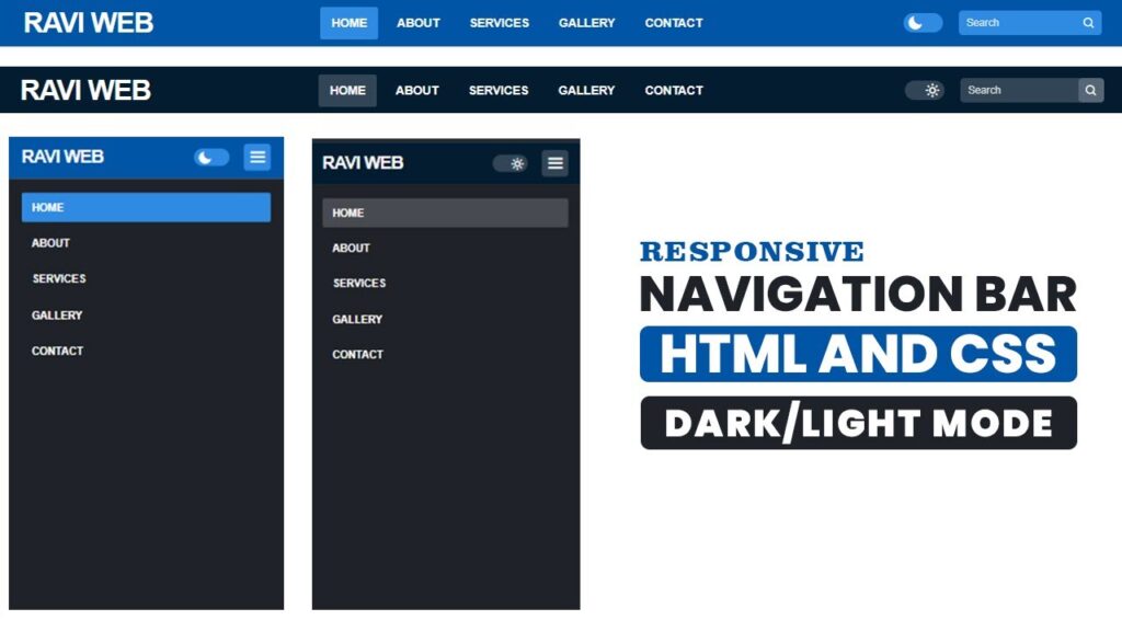 Responsive Navigation Menu Bar in HTML CSS with Dark Mode and Search Box