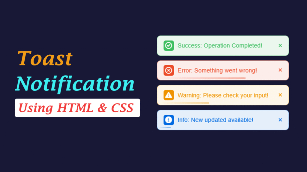 UI preview of toast notifications with icon and progress bar in HTML, CSS, and JavaScript.