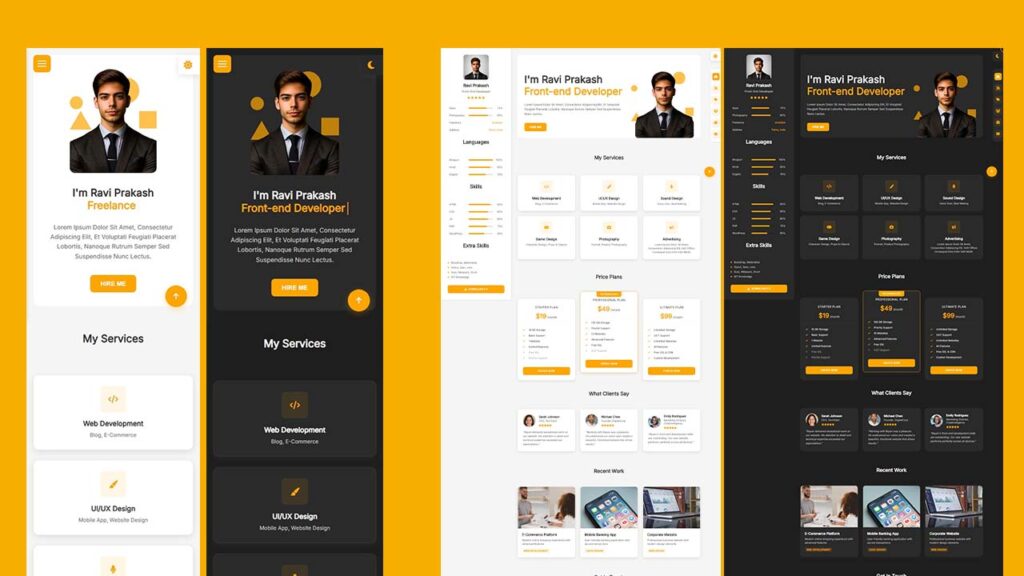 Modern responsive portfolio website built using HTML, CSS, and JavaScript with dark and light mode support